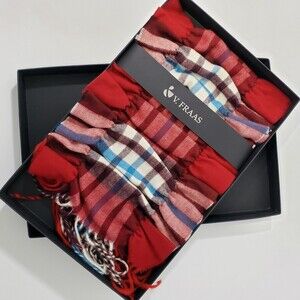 NEW V. FRAAS "Cashmink" Scarf, Red Plaid with Ruching